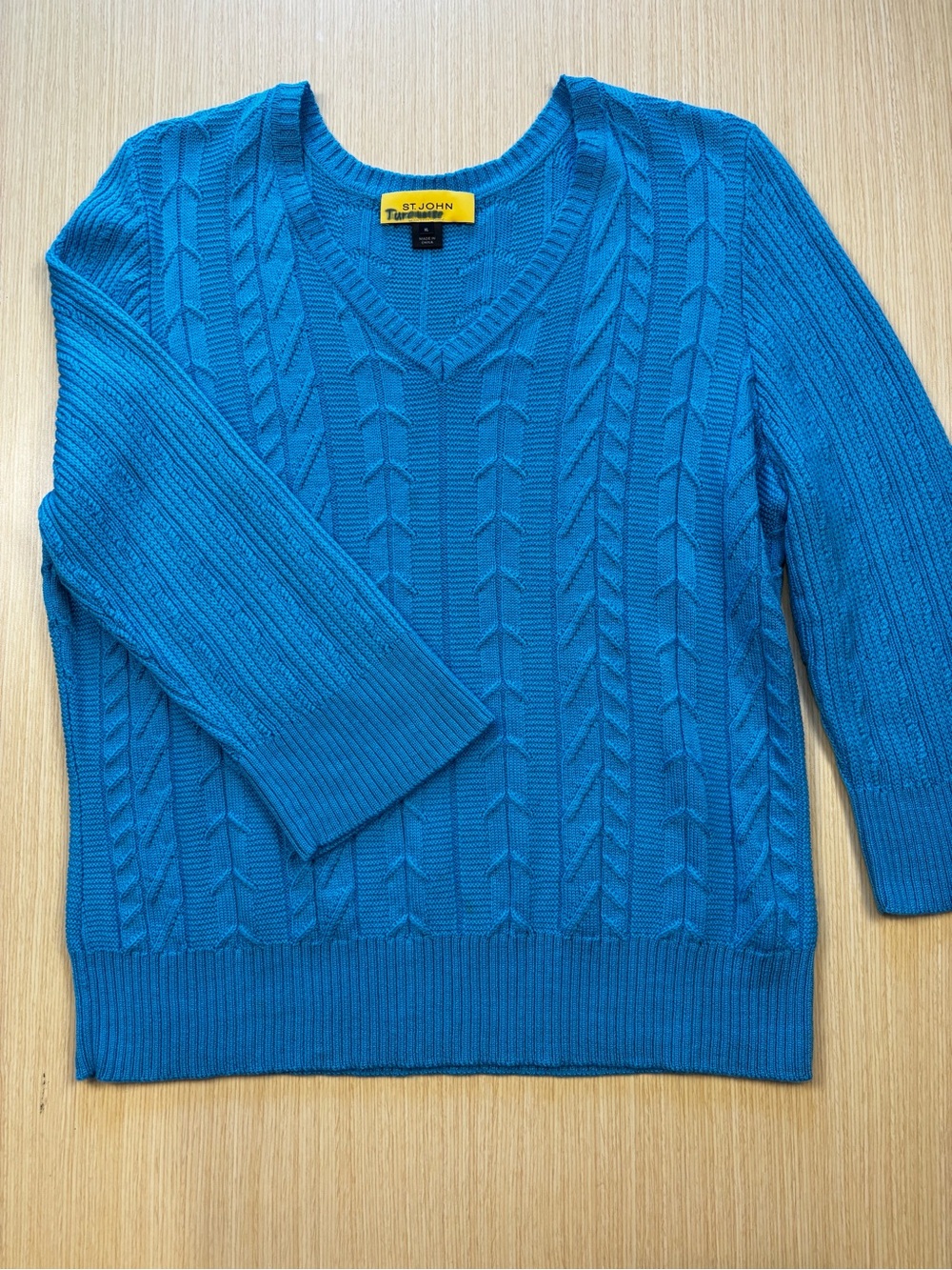 St. John Turquoise Cable Knit Sweater V-Neck 3/4 Sleeve Sz XL